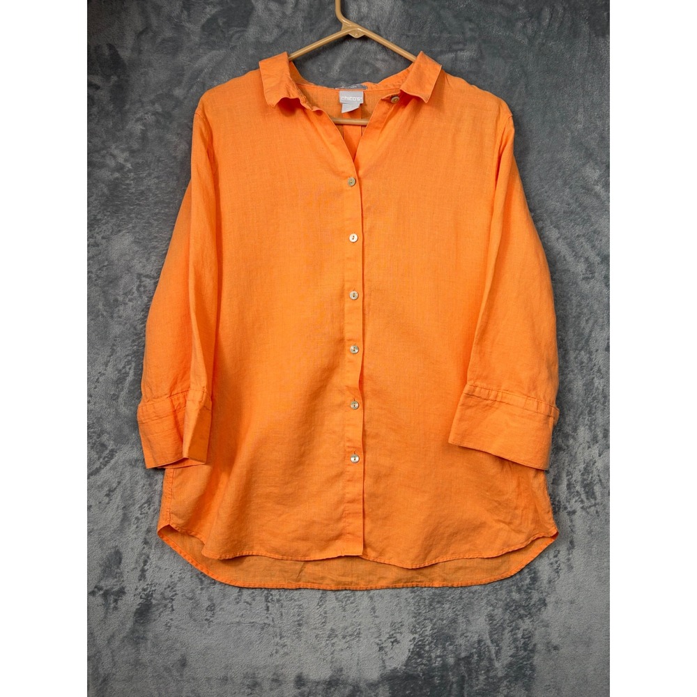 Chicos No Iron Linen Button Down Shirt Orange 3/4 Sleeve Size 2 Large 12